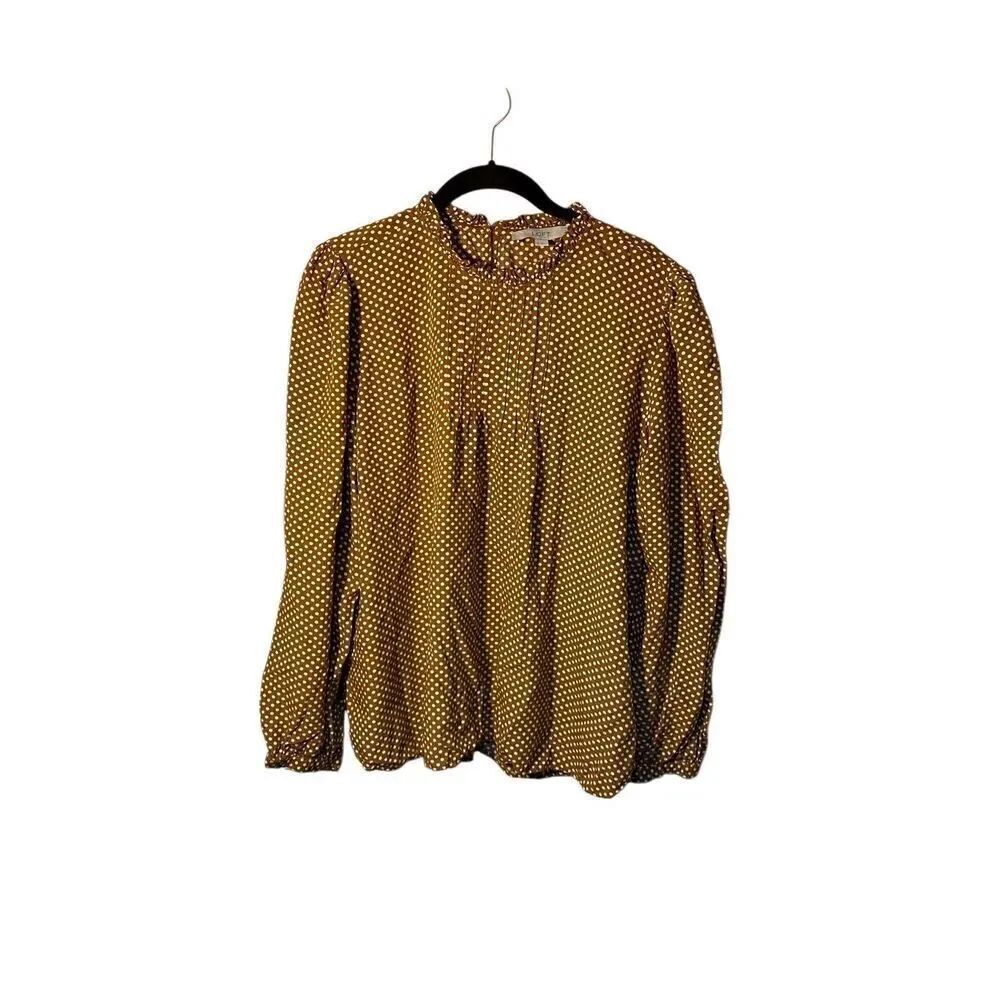 Loft women’s brown and white polkadot, longsleeve, high neck, blouse S/L